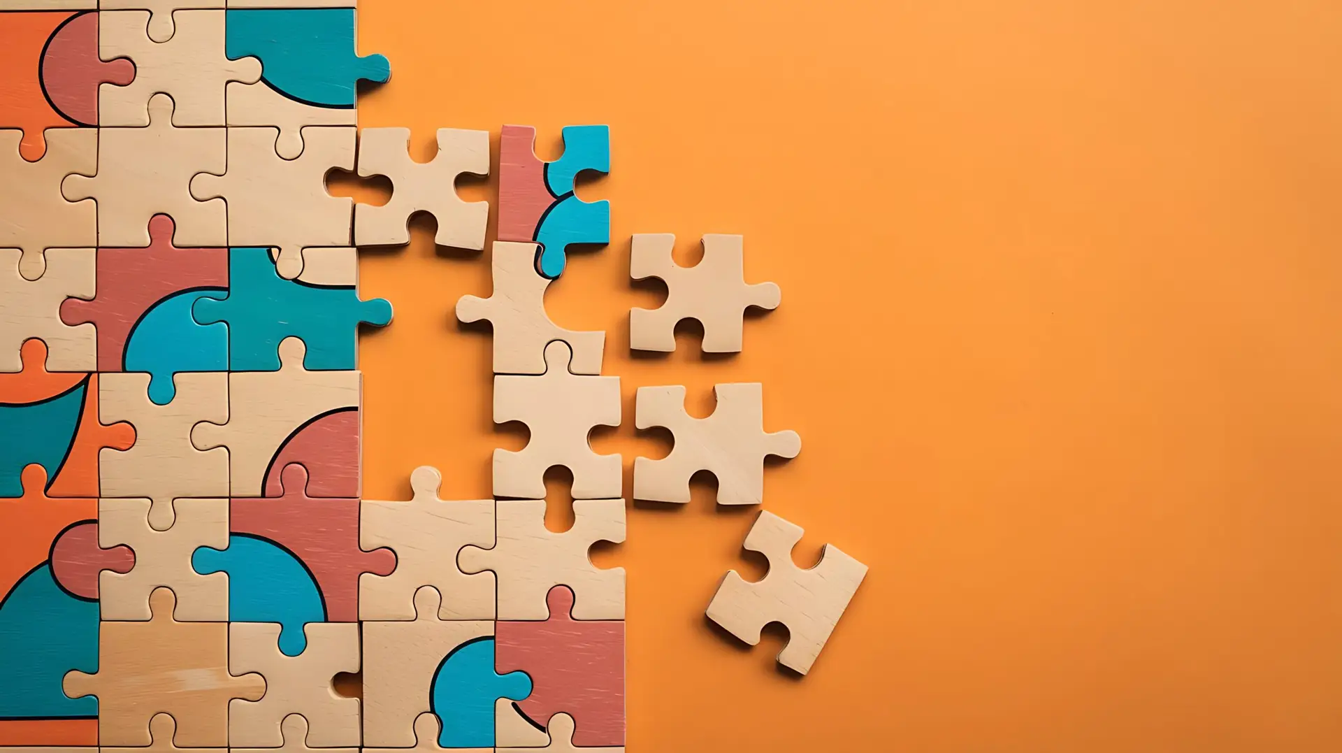 A wooden jigsaw puzzle with some pieces disconnected, placed on an orange surface. The puzzle has a few colors: blue, orange, and salmon.