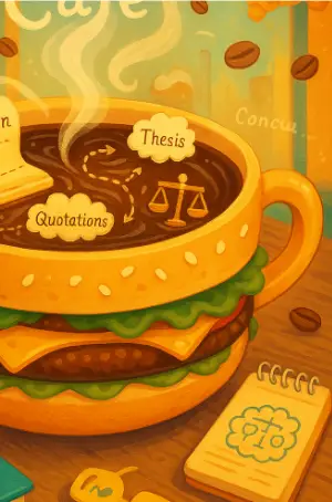 A creative illustration that visually represents the process of teaching composition, associated with a curriculum that uses a 'café' and hamburger theme to make writing engaging. The text highlights various elements involved in writing.