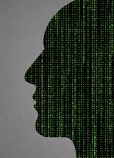 This image is a vector illustration depicting a human silhouette filled with a digital "matrix" pattern.