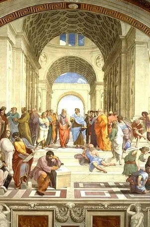 Image shows "The School of Athens" (Italian: Scuola di Atene), a famous fresco painted by the Italian Renaissance artist Raphael. The painting depicts a gathering of classical Greek philosophers, scientists, and scholars, with Plato and Aristotle positioned in the center.