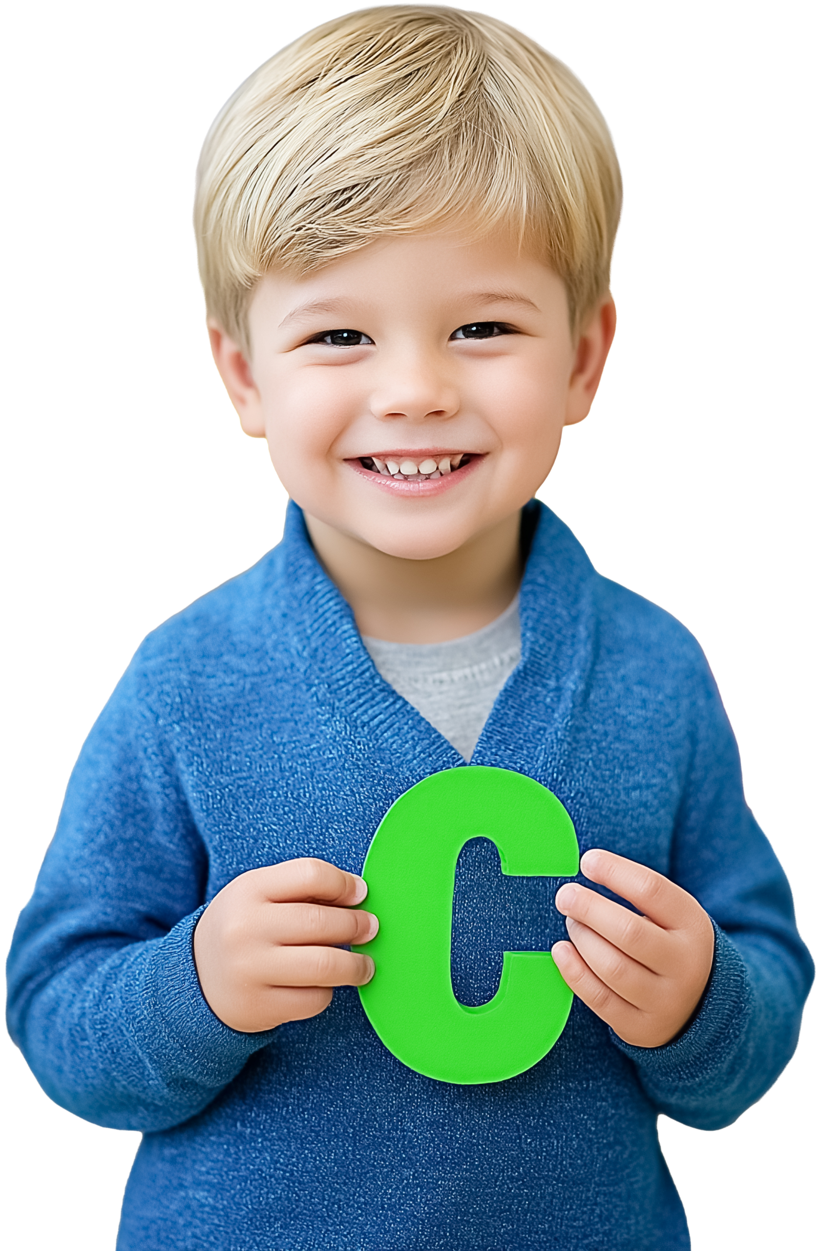 photo of young boy holding the letter "C" with both hands