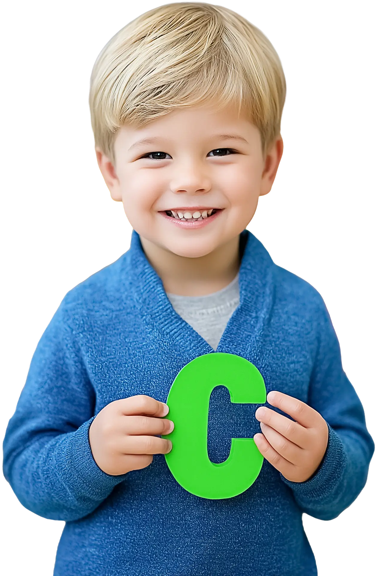 photo of young boy holding the letter "C" with both hands