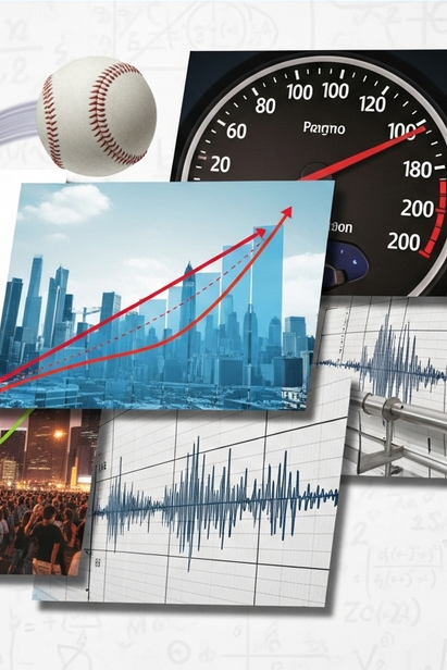 Image is a montage illustrating themes of data analysis, growth, and physics through various visual metaphors.