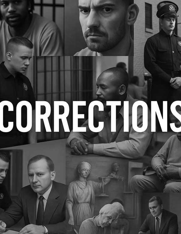 Photo with the text "CORRECTIONS" appears prominently over a black and white photo collage depicting scenes related to the prison system.