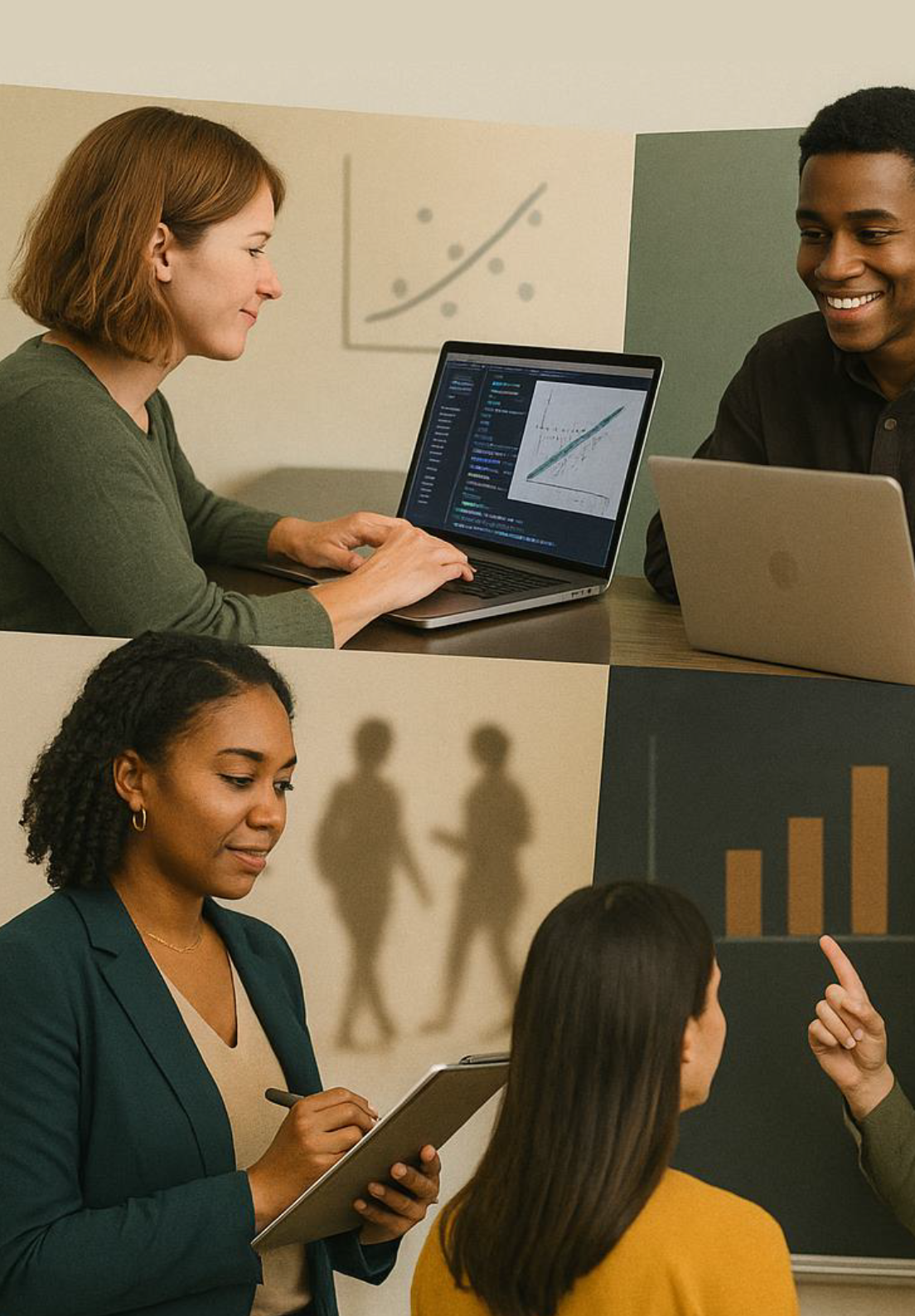 Image depicts people collaborating in a professional or educational setting, likely representing themes of teamwork, technology, and modern workplace skills.